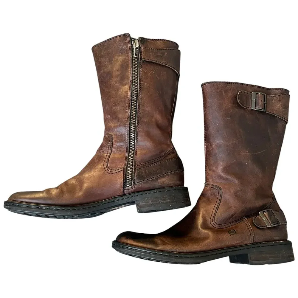 Born Brown Leather Engineer Moto Boots Side Zip Harness Men’s 9.5 / EU 43